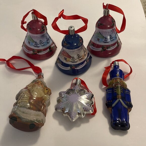 Vintage Thomas‎ Pacconi Metal Tin  Ornaments 3Bells, 1 Santa, 1 Nutcracker, Star - Picture 1 of 15